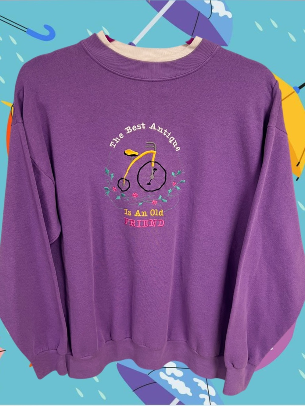 Vintage Cheek-O antique friendship purple embroidered bike sweater
